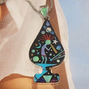 Colorful Abstract Kokopeli Sterking Silver Pendant Necklace Made In New Mexico